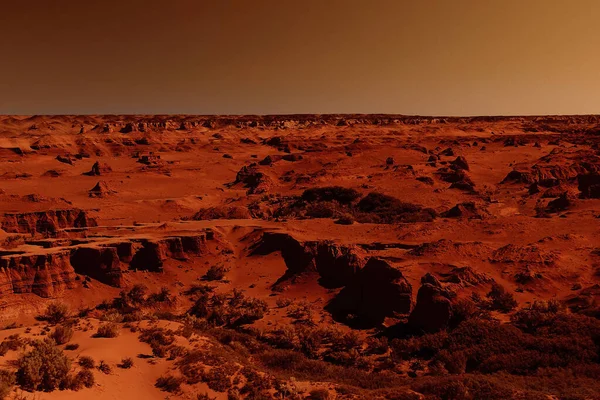 Fantastische Marslandschaft Rostigen Orangetönen Marsoberfläche Wüste Klippen Sand Fremde Landschaft — Stockfoto