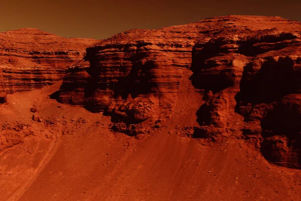 Fantastic martian landscape in rusty orange shades, Mars surface, Desert, Cliffs, sand. Alien landscape. Red planet mars.