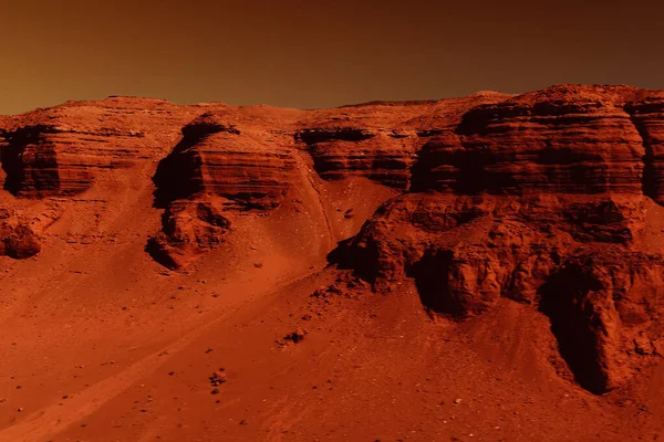 Fantastic martian landscape in rusty orange shades, Mars surface, Desert, Cliffs, sand. Alien landscape. Red planet mars.