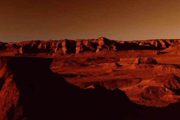 Fantastic martian landscape in rusty orange shades, Mars surface, Desert, Cliffs, sand. Alien landscape. Red planet mars.