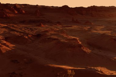Paslı turuncu gölgelerdeki fantastik Mars manzarası Mars yüzeyi, Çöl, Uçurumlar, kum. Uzaylı manzarası. Kızıl Gezegen Mars.