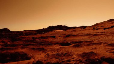 Paslı turuncu gölgelerdeki fantastik Mars manzarası Mars yüzeyi, Çöl, Uçurumlar, kum. Uzaylı manzarası. Kızıl Gezegen Mars.