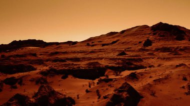Paslı turuncu gölgelerdeki fantastik Mars manzarası Mars yüzeyi, Çöl, Uçurumlar, kum. Uzaylı manzarası. Kızıl Gezegen Mars.