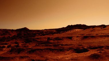 Paslı turuncu gölgelerdeki fantastik Mars manzarası Mars yüzeyi, Çöl, Uçurumlar, kum. Uzaylı manzarası. Kızıl Gezegen Mars.
