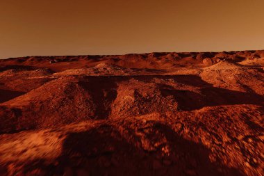 Paslı turuncu gölgelerdeki fantastik Mars manzarası Mars yüzeyi, Çöl, Uçurumlar, kum. Uzaylı manzarası. Kızıl Gezegen Mars.