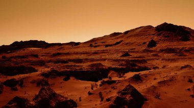 Paslı turuncu gölgelerdeki fantastik Mars manzarası Mars yüzeyi, Çöl, Uçurumlar, kum. Uzaylı manzarası. Kızıl Gezegen Mars.