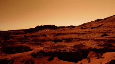 Paslı turuncu gölgelerdeki fantastik Mars manzarası Mars yüzeyi, Çöl, Uçurumlar, kum. Uzaylı manzarası. Kızıl Gezegen Mars.