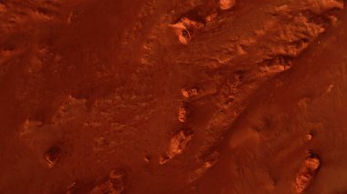 Paslı turuncu gölgelerdeki fantastik Mars manzarası Mars yüzeyi, Çöl, Uçurumlar, kum. Uzaylı manzarası. Kızıl Gezegen Mars.