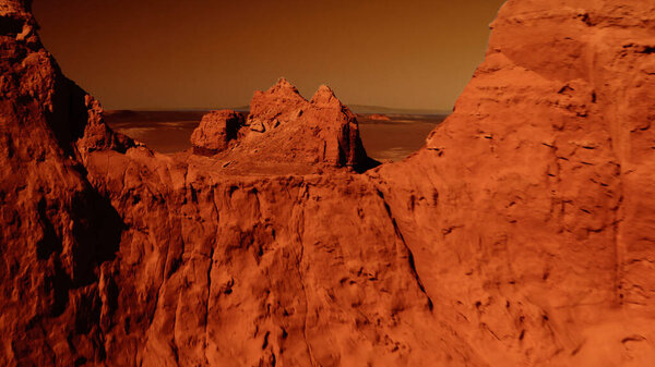 Фантастический марсианский пейзаж в ржавых оранжевых тонах, поверхность Марса, пустыня, скалы, песок. Чужой пейзаж. Красная планета.