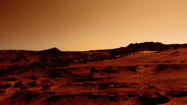 Fantastic martian landscape in rusty orange shades, Mars surface, Desert, Cliffs, sand. Alien landscape. Red planet mars.