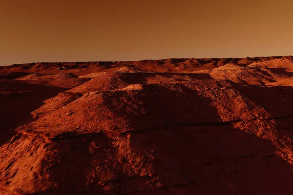 Fantastic martian landscape in rusty orange shades, Mars surface, Desert, Cliffs, sand. Alien landscape. Red planet mars.