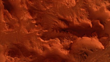 Paslı turuncu gölgelerdeki fantastik Mars manzarası Mars yüzeyi, Çöl, Uçurumlar, kum. Uzaylı manzarası. Kızıl Gezegen Mars.