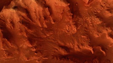 Paslı turuncu gölgelerdeki fantastik Mars manzarası Mars yüzeyi, Çöl, Uçurumlar, kum. Uzaylı manzarası. Kızıl Gezegen Mars.