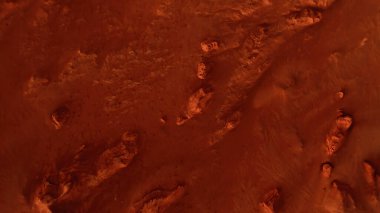 Paslı turuncu gölgelerdeki fantastik Mars manzarası Mars yüzeyi, Çöl, Uçurumlar, kum. Uzaylı manzarası. Kızıl Gezegen Mars.