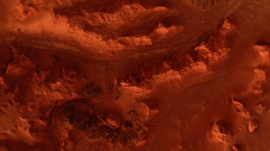 Paslı turuncu gölgelerdeki fantastik Mars manzarası Mars yüzeyi, Çöl, Uçurumlar, kum. Uzaylı manzarası. Kızıl Gezegen Mars.