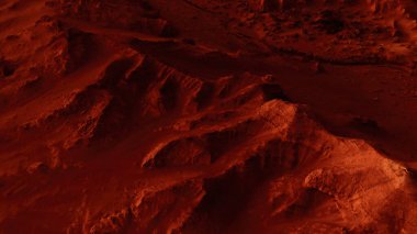Paslı turuncu gölgelerdeki fantastik Mars manzarası Mars yüzeyi, Çöl, Uçurumlar, kum. Uzaylı manzarası. Kızıl Gezegen Mars.