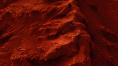 Paslı turuncu gölgelerdeki fantastik Mars manzarası Mars yüzeyi, Çöl, Uçurumlar, kum. Uzaylı manzarası. Kızıl Gezegen Mars.
