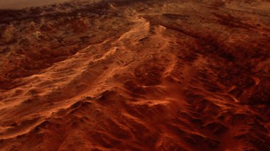Paslı turuncu gölgelerdeki fantastik Mars manzarası Mars yüzeyi, Çöl, Uçurumlar, kum. Uzaylı manzarası. Kızıl Gezegen Mars.