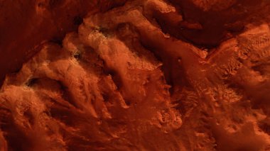 Paslı turuncu gölgelerdeki fantastik Mars manzarası Mars yüzeyi, Çöl, Uçurumlar, kum. Uzaylı manzarası. Kızıl Gezegen Mars.
