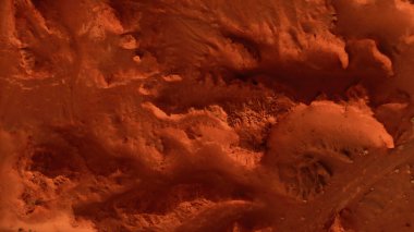 Paslı turuncu gölgelerdeki fantastik Mars manzarası Mars yüzeyi, Çöl, Uçurumlar, kum. Uzaylı manzarası. Kızıl Gezegen Mars.