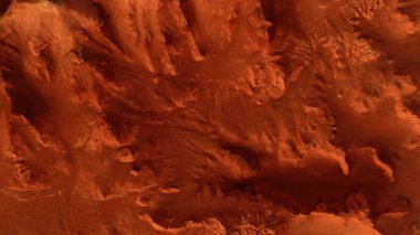 Paslı turuncu gölgelerdeki fantastik Mars manzarası Mars yüzeyi, Çöl, Uçurumlar, kum. Uzaylı manzarası. Kızıl Gezegen Mars.