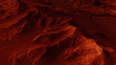 Paslı turuncu gölgelerdeki fantastik Mars manzarası Mars yüzeyi, Çöl, Uçurumlar, kum. Uzaylı manzarası. Kızıl Gezegen Mars.