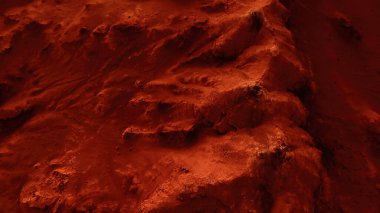 Paslı turuncu gölgelerdeki fantastik Mars manzarası Mars yüzeyi, Çöl, Uçurumlar, kum. Uzaylı manzarası. Kızıl Gezegen Mars.