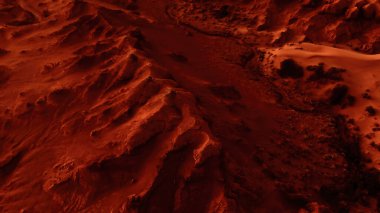 Paslı turuncu gölgelerdeki fantastik Mars manzarası Mars yüzeyi, Çöl, Uçurumlar, kum. Uzaylı manzarası. Kızıl Gezegen Mars.