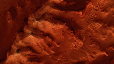 Paslı turuncu gölgelerdeki fantastik Mars manzarası Mars yüzeyi, Çöl, Uçurumlar, kum. Uzaylı manzarası. Kızıl Gezegen Mars.