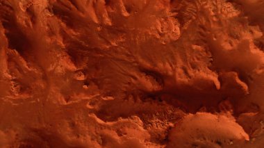 Paslı turuncu gölgelerdeki fantastik Mars manzarası Mars yüzeyi, Çöl, Uçurumlar, kum. Uzaylı manzarası. Kızıl Gezegen Mars.