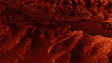 Paslı turuncu gölgelerdeki fantastik Mars manzarası Mars yüzeyi, Çöl, Uçurumlar, kum. Uzaylı manzarası. Kızıl Gezegen Mars.