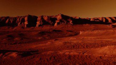 Paslı turuncu gölgelerdeki fantastik Mars manzarası Mars yüzeyi, Çöl, Uçurumlar, kum. Uzaylı manzarası. Kızıl Gezegen Mars.
