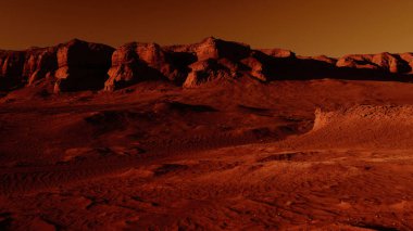 Paslı turuncu gölgelerdeki fantastik Mars manzarası Mars yüzeyi, Çöl, Uçurumlar, kum. Uzaylı manzarası. Kızıl Gezegen Mars.