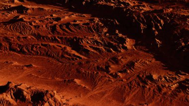 Paslı turuncu gölgelerdeki fantastik Mars manzarası Mars yüzeyi, Çöl, Uçurumlar, kum. Uzaylı manzarası. Kızıl Gezegen Mars.