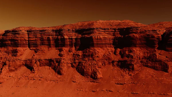 Fantastic martian landscape in rusty orange shades, Mars surface, Desert, Cliffs, sand. Alien landscape. Red planet mars.