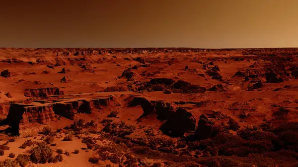 Fantastische Marslandschaft Rostigen Orangetönen Marsoberfläche Wüste Klippen Sand Fremde Landschaft — Stockfoto