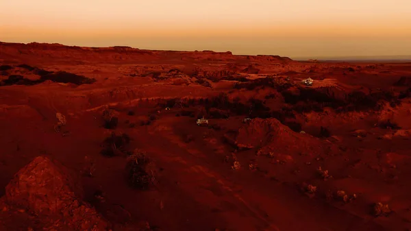 Fantastic martian landscape in rusty orange shades, Mars surface, Desert, Cliffs, sand. Alien landscape. Red planet mars.