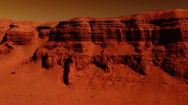 Fantastic martian landscape in rusty orange shades, Mars surface, Desert, Cliffs, sand. Alien landscape. Red planet mars.