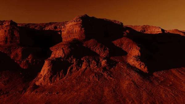 Fantastic martian landscape in rusty orange shades, Mars surface, Desert, Cliffs, sand. Alien landscape. Red planet mars.