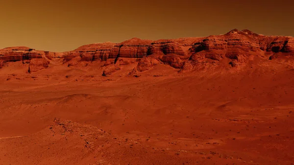 Fantastic martian landscape in rusty orange shades, Mars surface, Desert, Cliffs, sand. Alien landscape. Red planet mars.