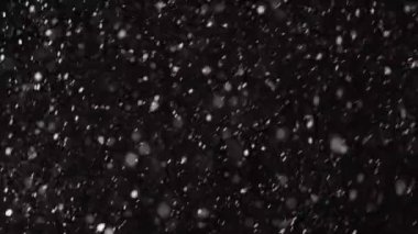 Güzel, düşen kar, siyah arka planda 4K yavaş çekimde izole edilmiş, 50 mm lensle çekilmiş. Besteleme için derecelendirilmemiş görüntüler, hareket grafikleri, büyük ve küçük kar taneleri, ıssız düşen kar taneleri