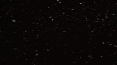 Güzel, düşen kar, siyah arka planda 4K yavaş çekimde izole edilmiş, 50 mm lensle çekilmiş. Besteleme için derecelendirilmemiş görüntüler, hareket grafikleri, büyük ve küçük kar taneleri, ıssız düşen kar taneleri