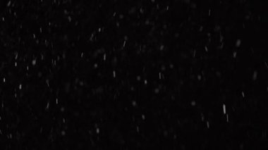 Güzel, düşen kar, siyah arka planda 4K yavaş çekimde izole edilmiş, 50 mm lensle çekilmiş. Besteleme için derecelendirilmemiş görüntüler, hareket grafikleri, büyük ve küçük kar taneleri, ıssız düşen kar taneleri