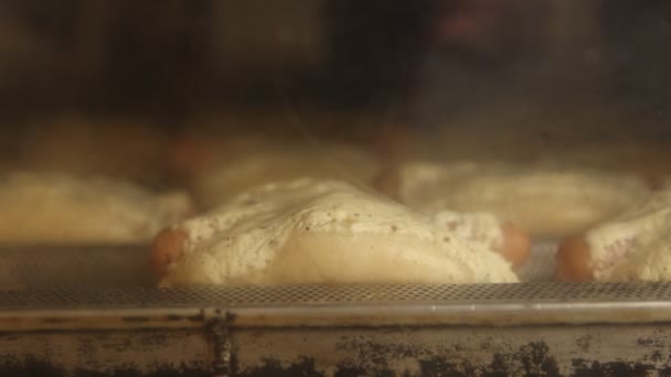 Salsicha na massa no forno. processo de cozimento de fast food em uma pequena padaria — Vídeo de Stock