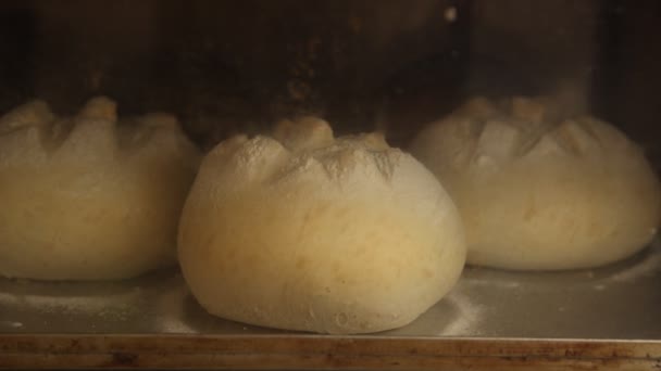 Padaria processo de cozimento na fábrica. Actividade de padaria. Processo de preparação de massa de pão antes de ser cozido. Pão no forno. Trabalhando em uma padaria câmera lenta 100 fps. vídeo não graduado — Vídeo de Stock