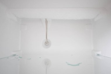 Boş bir buzdolabı. Boş, temiz bir buzdolabının içinde, çözündükten sonra bir buzdolabı bölmesi.