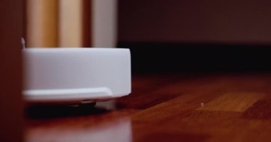Ahşap zemininde karaciğer olan akıllı robot süpürgesi. Robot elektrikli süpürge daireyi otomatik olarak temizliyor. 4K ağır çekim 100 fps, ProRes 422, 10 bit.