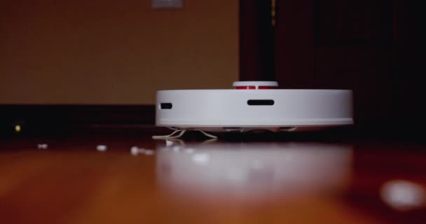 Ahşap Zemininde Karaciğer Olan Akıllı Robot Süpürgesi Robot Elektrikli Süpürge — Stok video