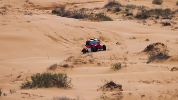 El coche deportivo supera la parte difícil de la ruta durante el rally raid THE GOLD OF KAGAN-2021. 4K cámara lenta 120 fps ProRes 422, 10 bit. 25.04.2021 Astracán, Rusia — Vídeos de Stock