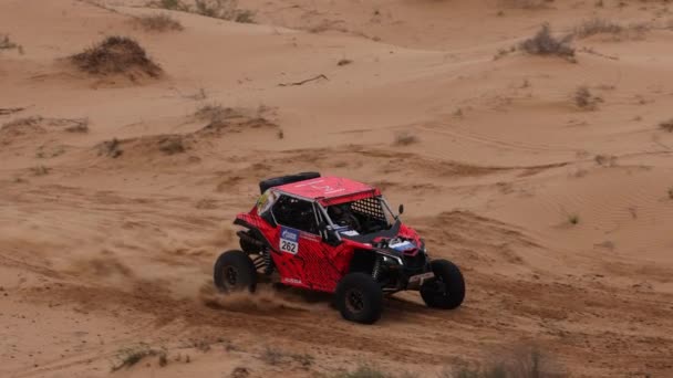 Sport auto voor Off Road Extreme Racing krijgt over het moeilijke deel van de route tijdens de Rally inval in het zand. De Goud van Kagan-2021. slow motion 120 fps. 25.04.2021 Astrachan, Rusland — Stockvideo